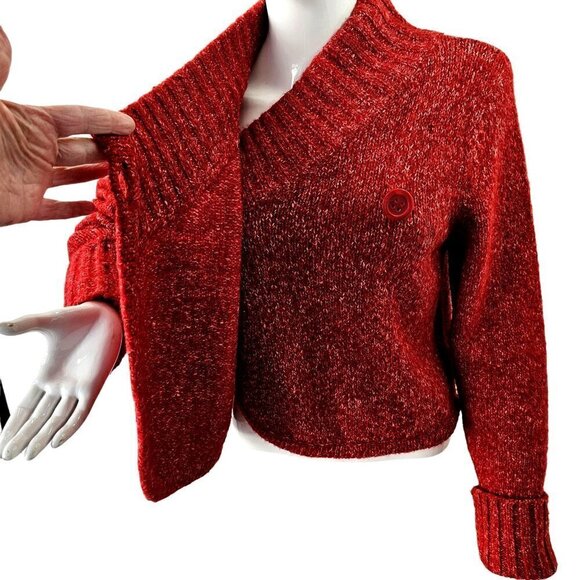 Nine West Jeans Short Cardigan Red Knit Single Button Sweater Womens L - Picture 7 of 11